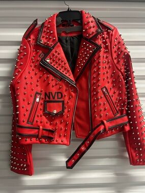 Red Studded Leather Jacket Sleeve Detail